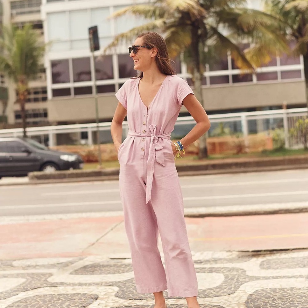 Madewell Linen-Cotton Pleat-Sleeve Jumpsuit (Size 6) Lavender